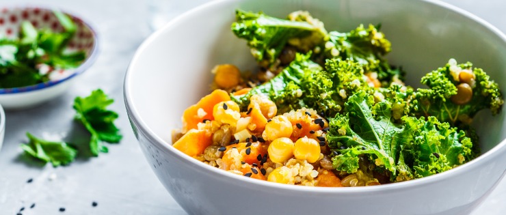 Protein-rich healthy, vegan meal with chickpeas, quinoa and kale.