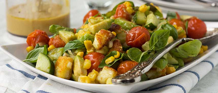 Tomato, Corn, Avocado and Basil Salad (with Crispy Halloumi)