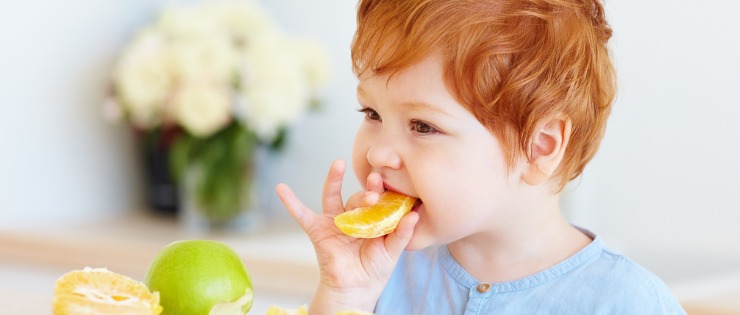  Young boy with red hair eating orange slices