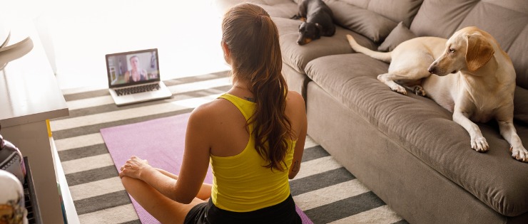 Young female watching fitness yoga instructor on laptop at home, getting a full-body workout in. 