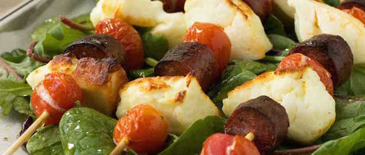 Halloumi, Chorizo and Tomato Skewers with Honey Lime Dressing